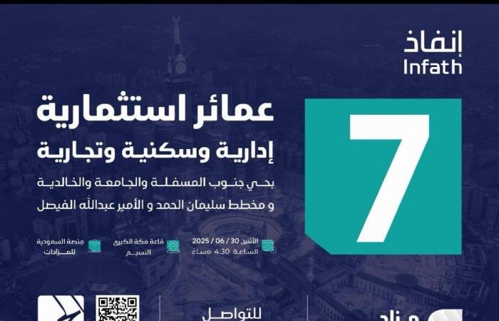 ٧ عمائر استثمارية (إدارية، وسكنية، وتجارية) في مزاد عمائر مكة