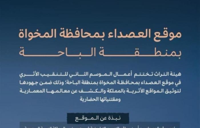 هيئة التراث تنهي الموسم الثاني
للتنقيب في موقع «العصداء» بالباحة