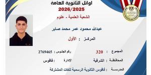 عبد الله محمود ابن الشرقية بالصدارة، قائمة أوائل الثانوية العامة 2026 علمي علوم (صور)